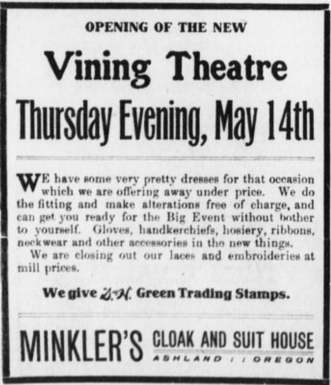 Advertisement for local shop selling suits and dresses in anticipation for the Vining theater's opening night