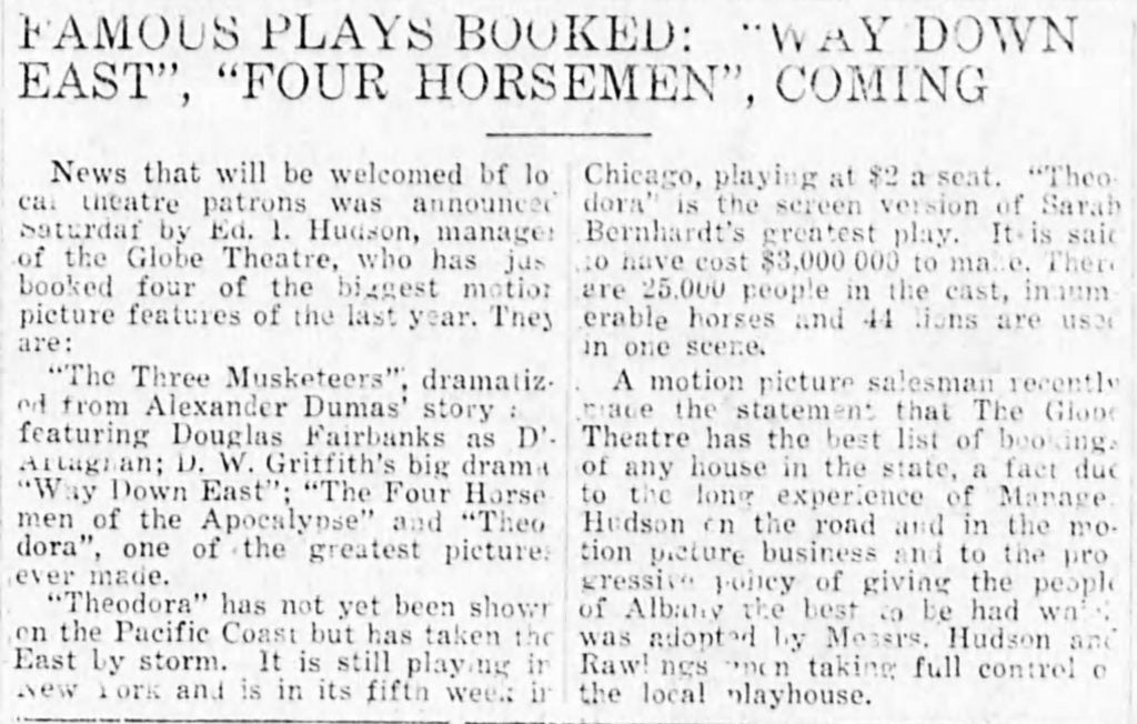 Globe theater ad, 1922