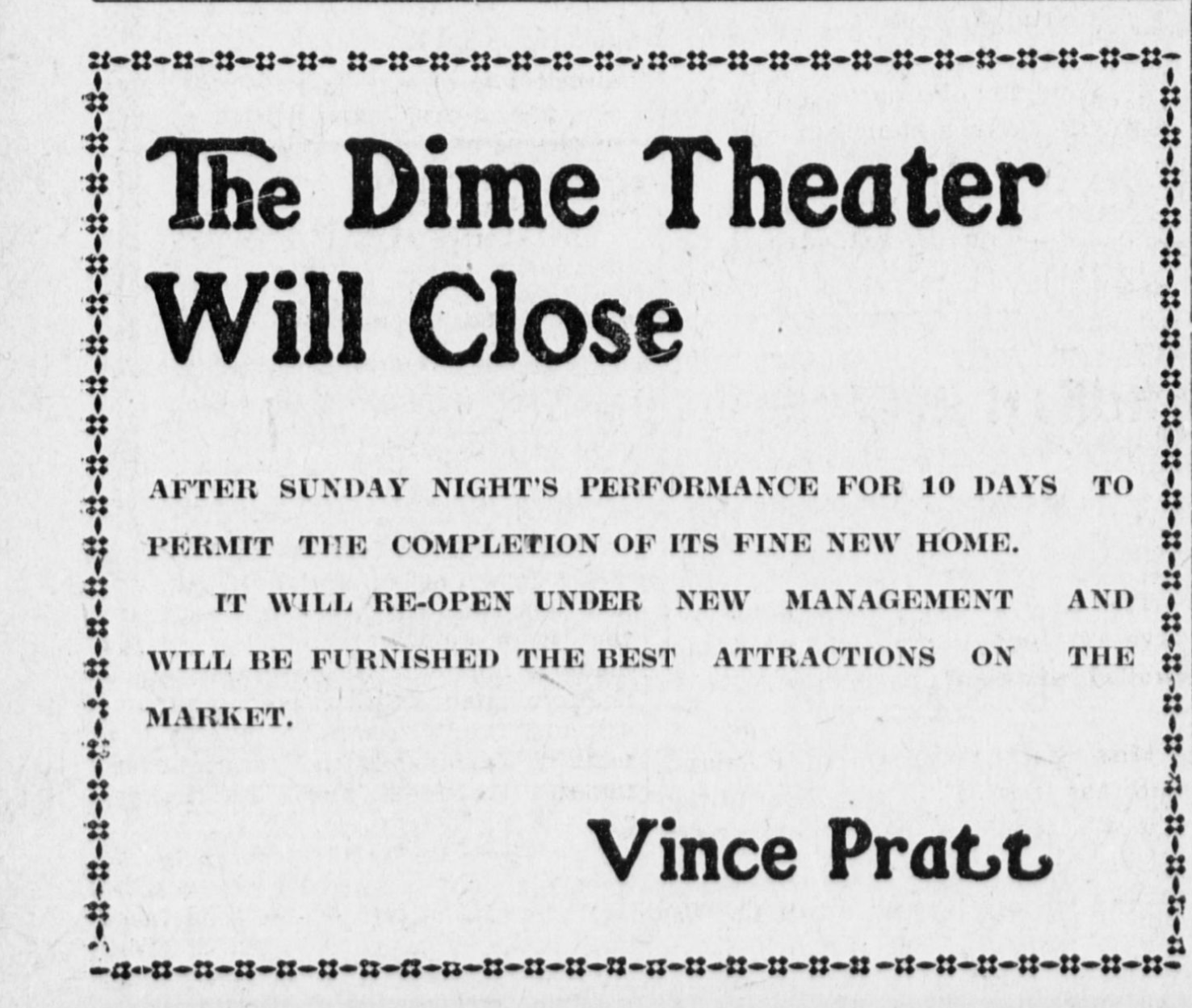 Newspaper clipping of The Dime closing