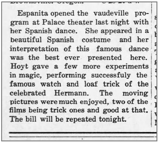 Palace theater news item, 1909
