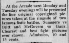 Fight pictures at the Arcade, 1909.