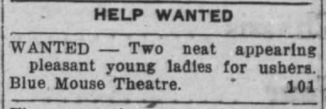 Classified ad for the Blue Mouse theater, Sept. 1, 1921