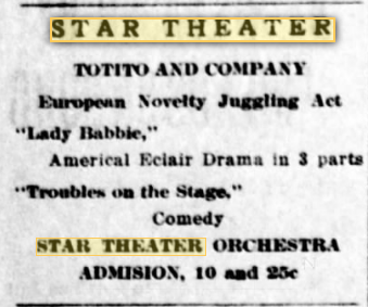 Program at the Star theater, 1914