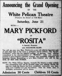 White Pelican theater opens in June 1924