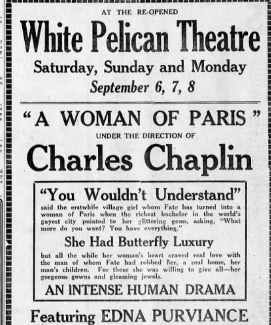 Charlie Chaplin film at the White Pelican theater, 1924