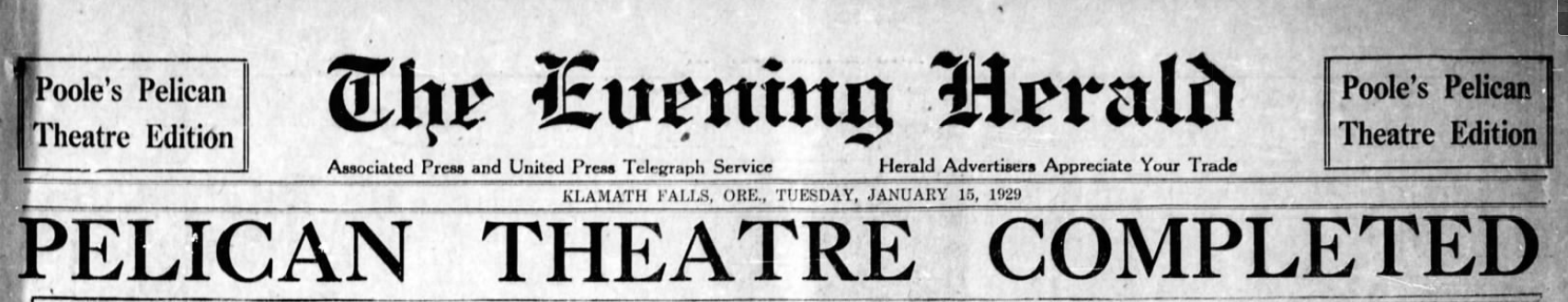 Poole's Pelican theater special edition Evening Herald headline, 1929