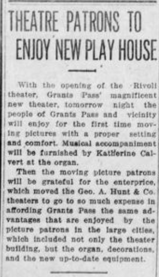 Description in the Grants Pass Daily courier about the opening strategy for the Rivoli Theater.