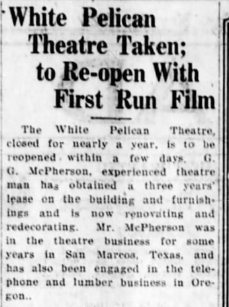 Purchase of the White Pelican theater, 1926