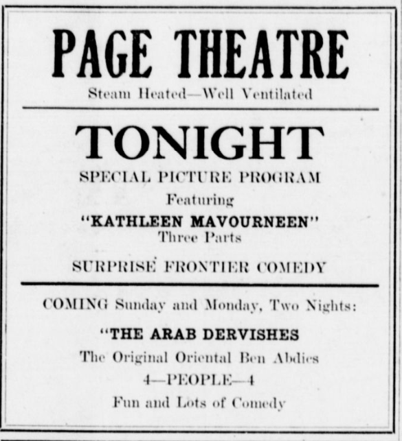 Page Theater ad, 1913