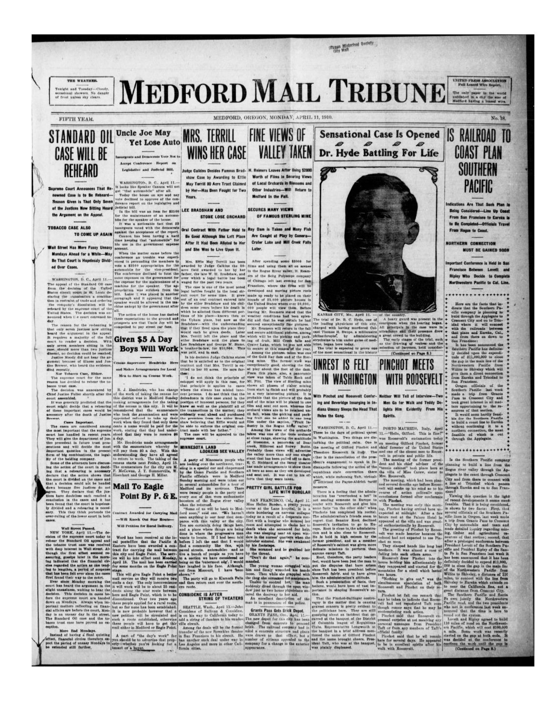 Medford Mail Tribune front page, 1910
