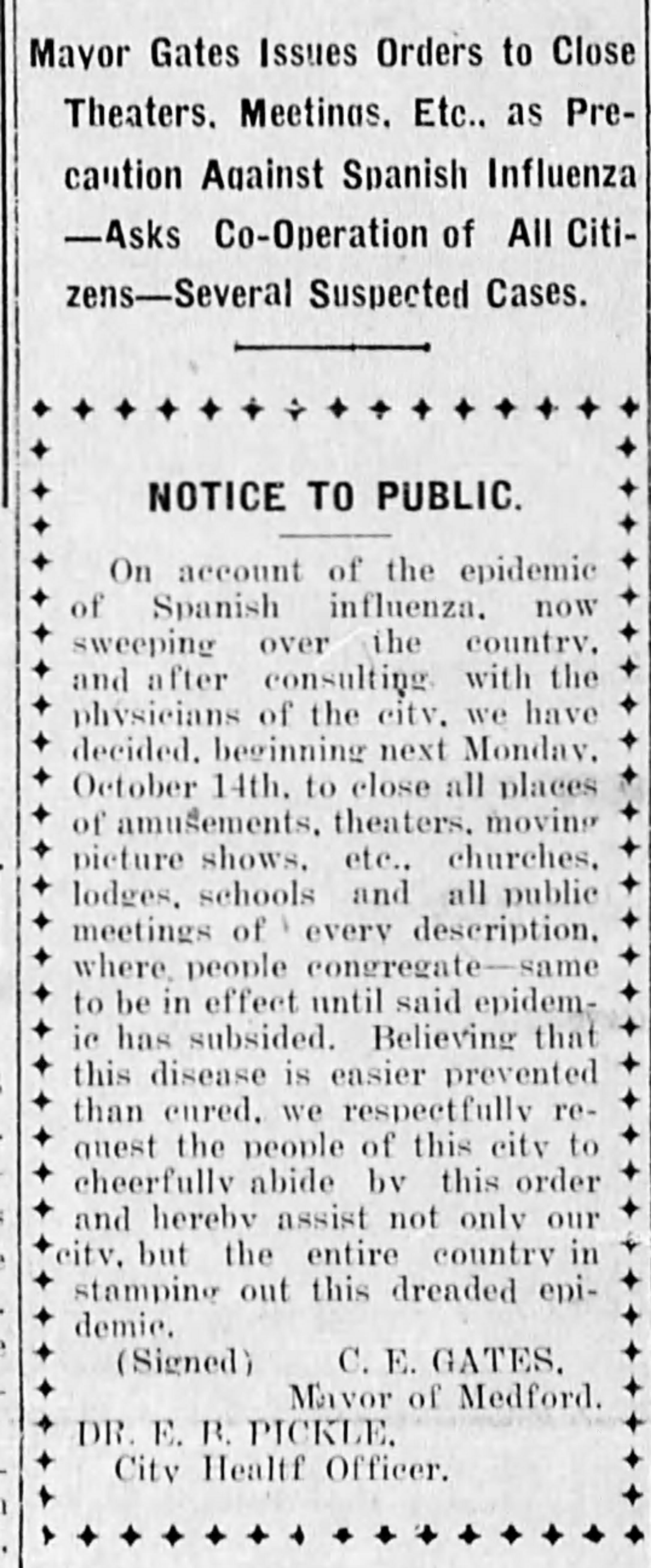 Theaters closed for flu pandemic, 1918