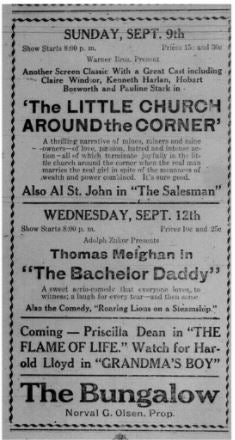 Bungalow theater ad, 1923