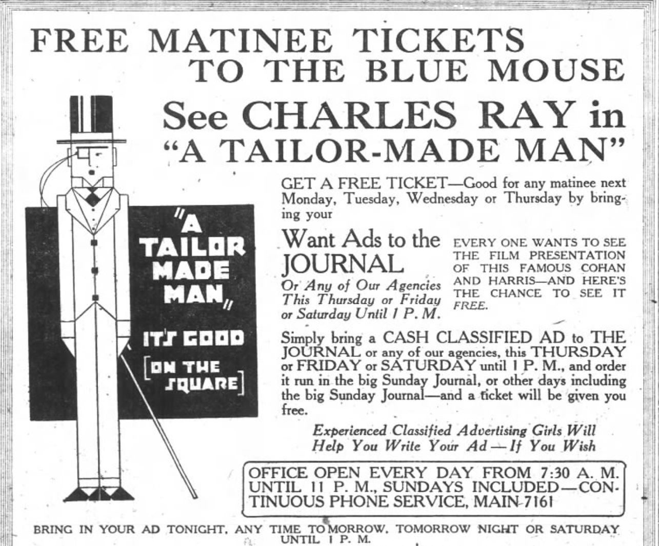 Advertisement for the Blue Mouse Theater from The Oregon Daily Journal, in 1922, addressing the promotion the theater is holding for free matinee tickets through the newspapers ad service