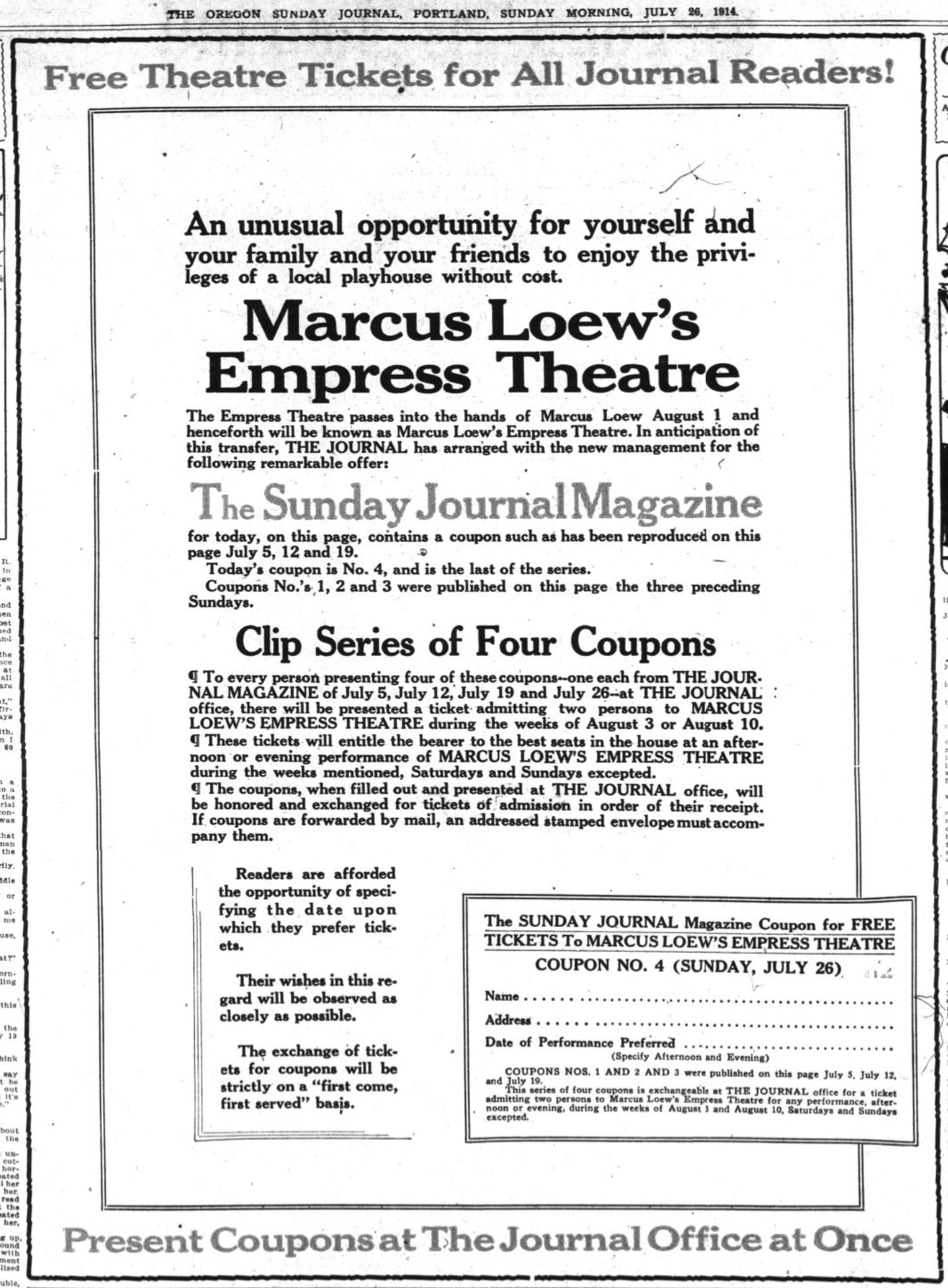 Loew's Notice, The Oregon Sunday Journal (1914)
