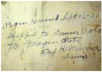 Note found on the empty organ chamber wall after the removal of Style F "Special" Wurlitzer opus 949