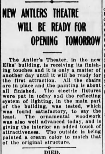 Antlers theater ad, 1913