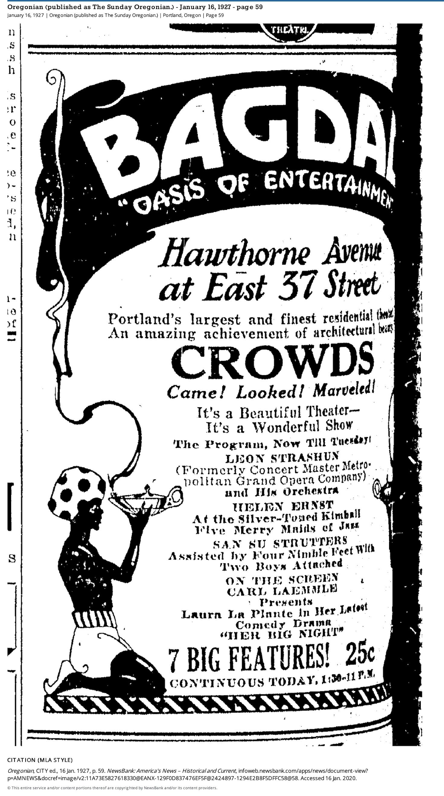 Newspaper advertisement for the Bagdad Theater