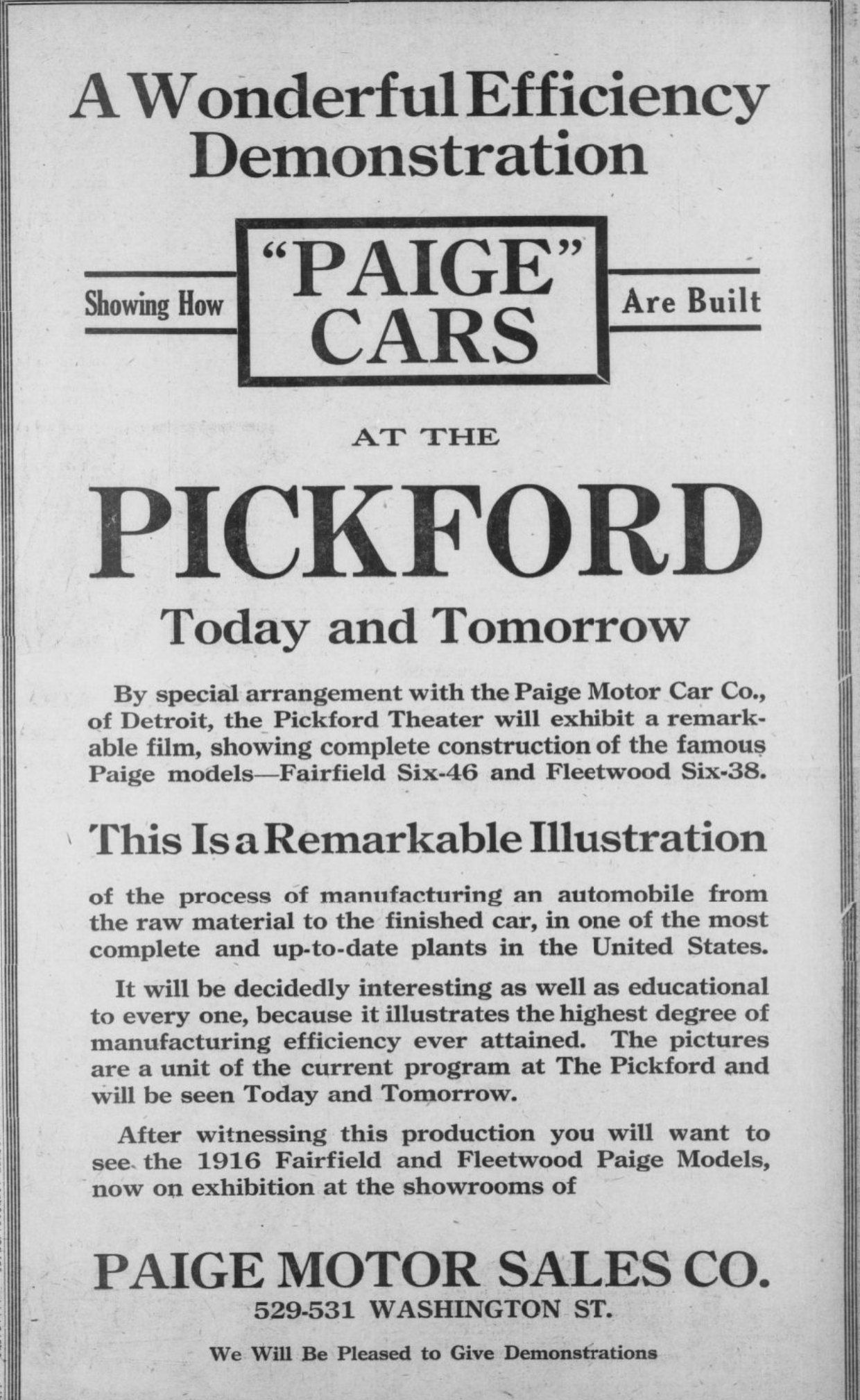 An advertisement presenting an educational film on car production at the Pickford.