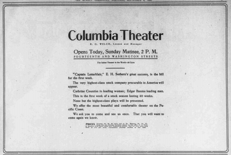 Advertisement for opening of the Columbia Theater