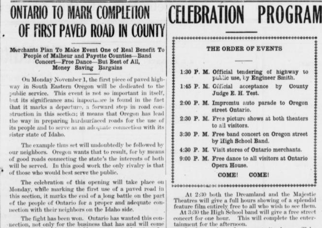 Celebration of Ontario's First Paved Road, Ontario Argus, 10/28/1920, p. 17
