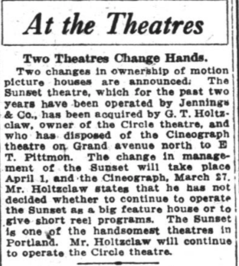 Newspaper article about theater change of hands 
