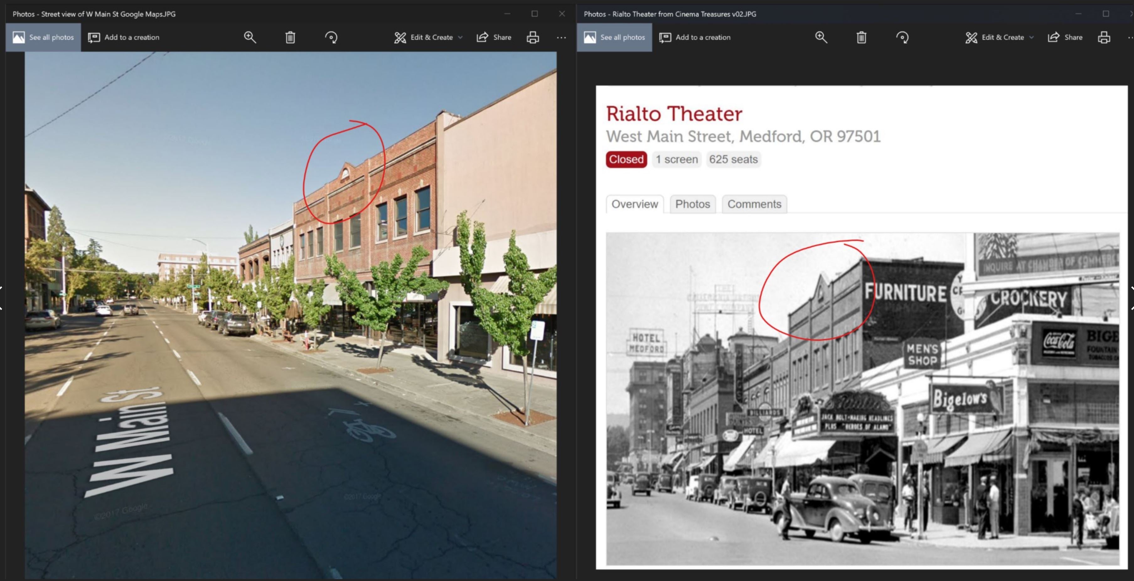 Side-by-side comparison of possible Rialto theater locations