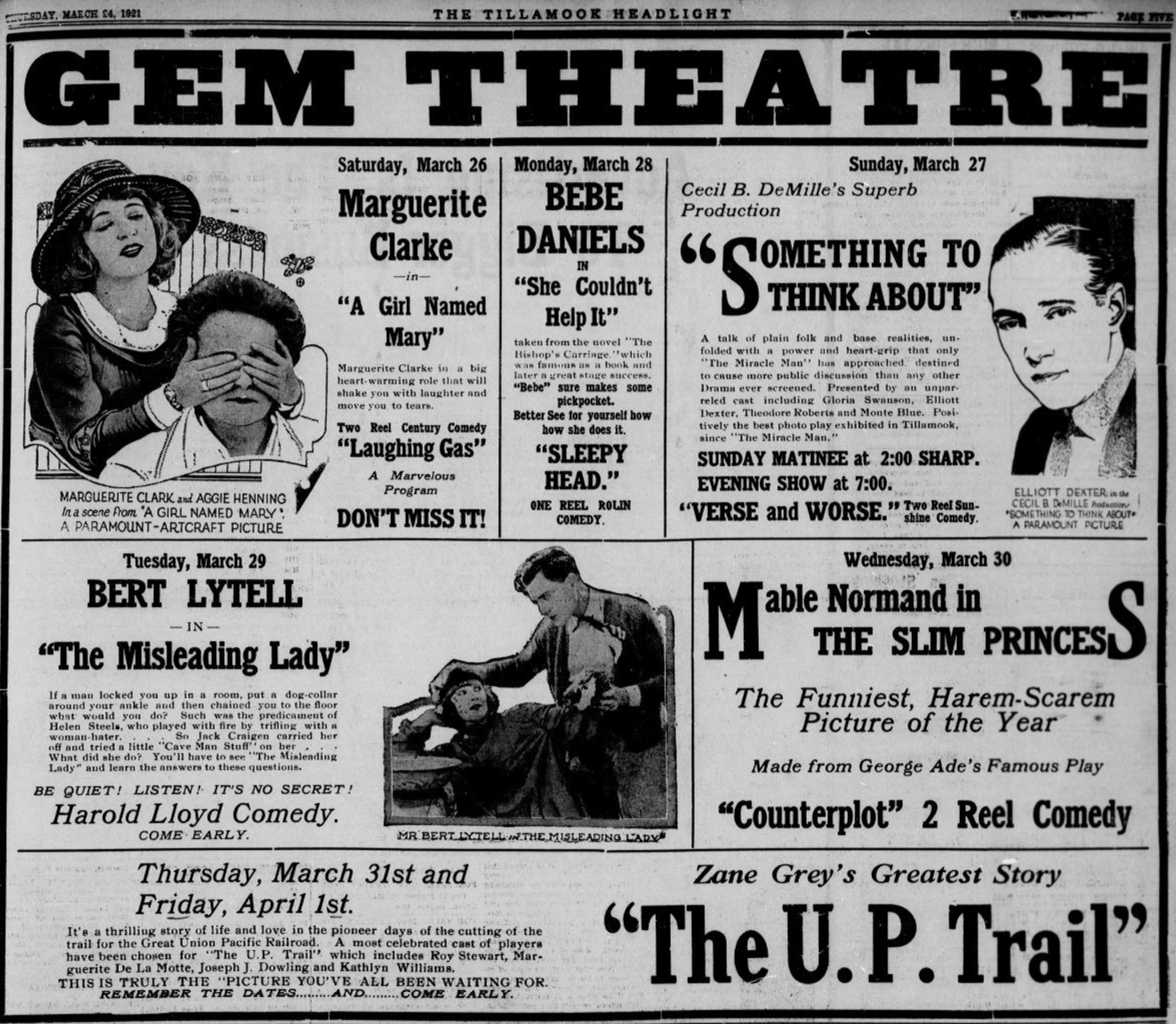 An ad for all the films showing at the Gem Theater in late March, 1921.