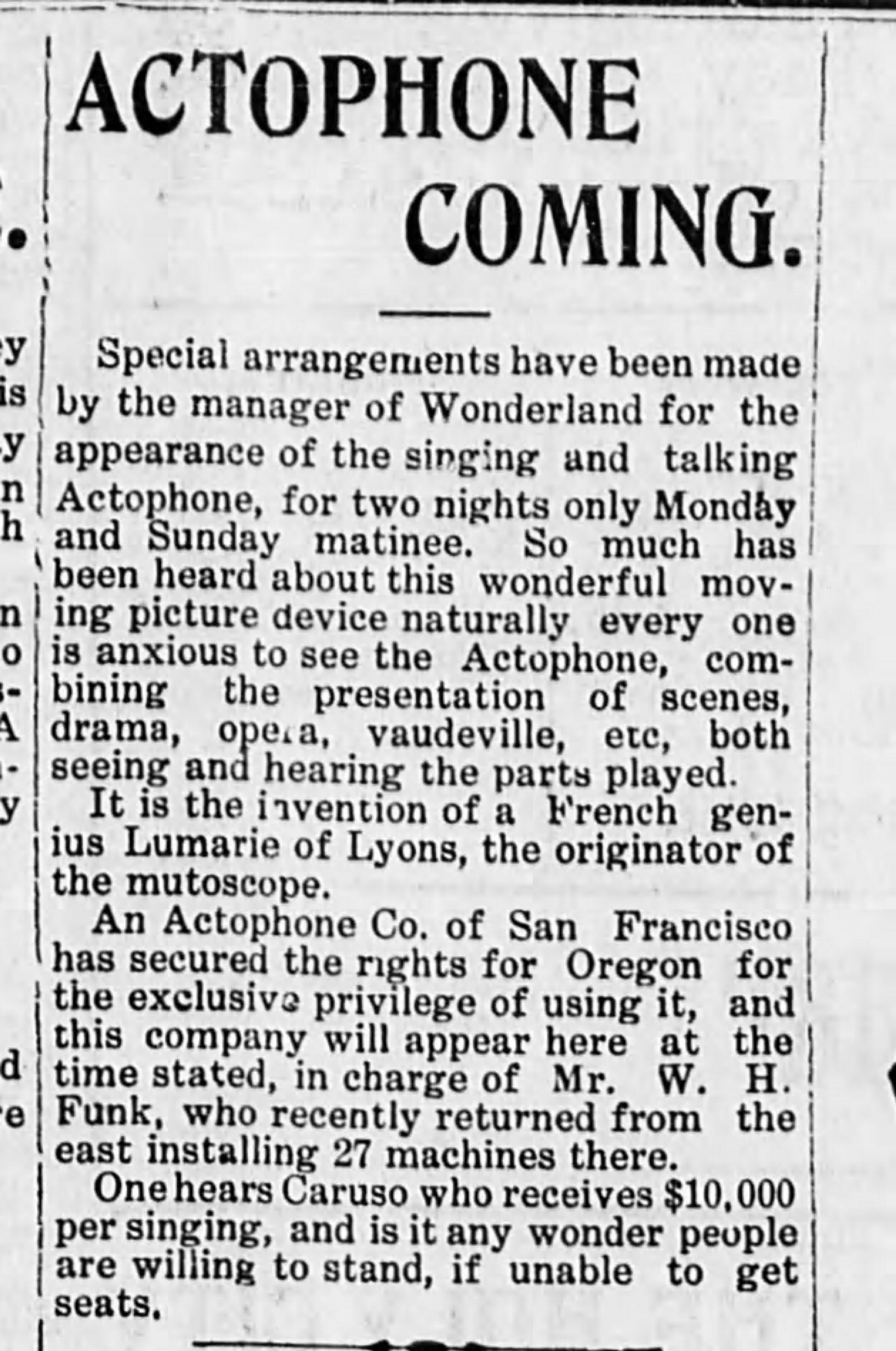Actophone at the Wonderland theater, 1908