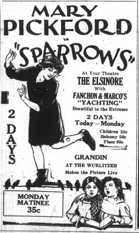 (5) Mary Pickford Elsinore ad for "Sparrows"