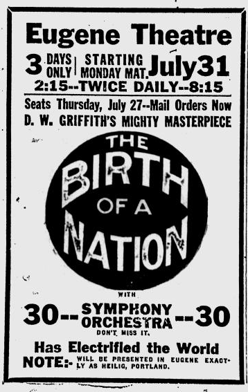 Birth of a Nation advertisement, Eugene Daily Guard, 1916