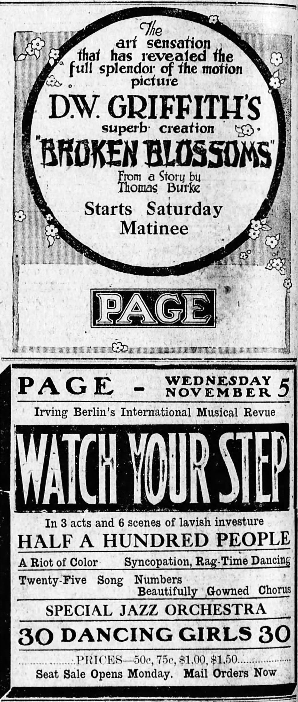 Ad for the Page theater, 1919