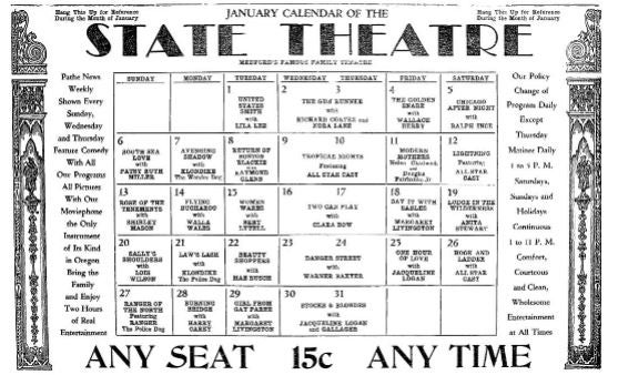 State theater calendar, 1928