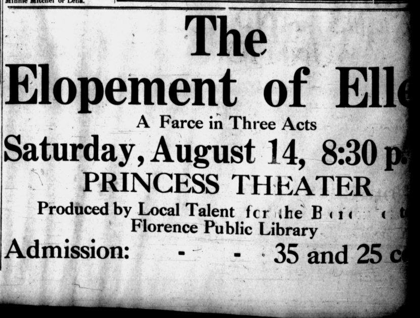 “Local Talent in Three-Act Farce,” The Siuslaw Pilot, August 11, 1915: 4. Historic Oregon Newspapers.