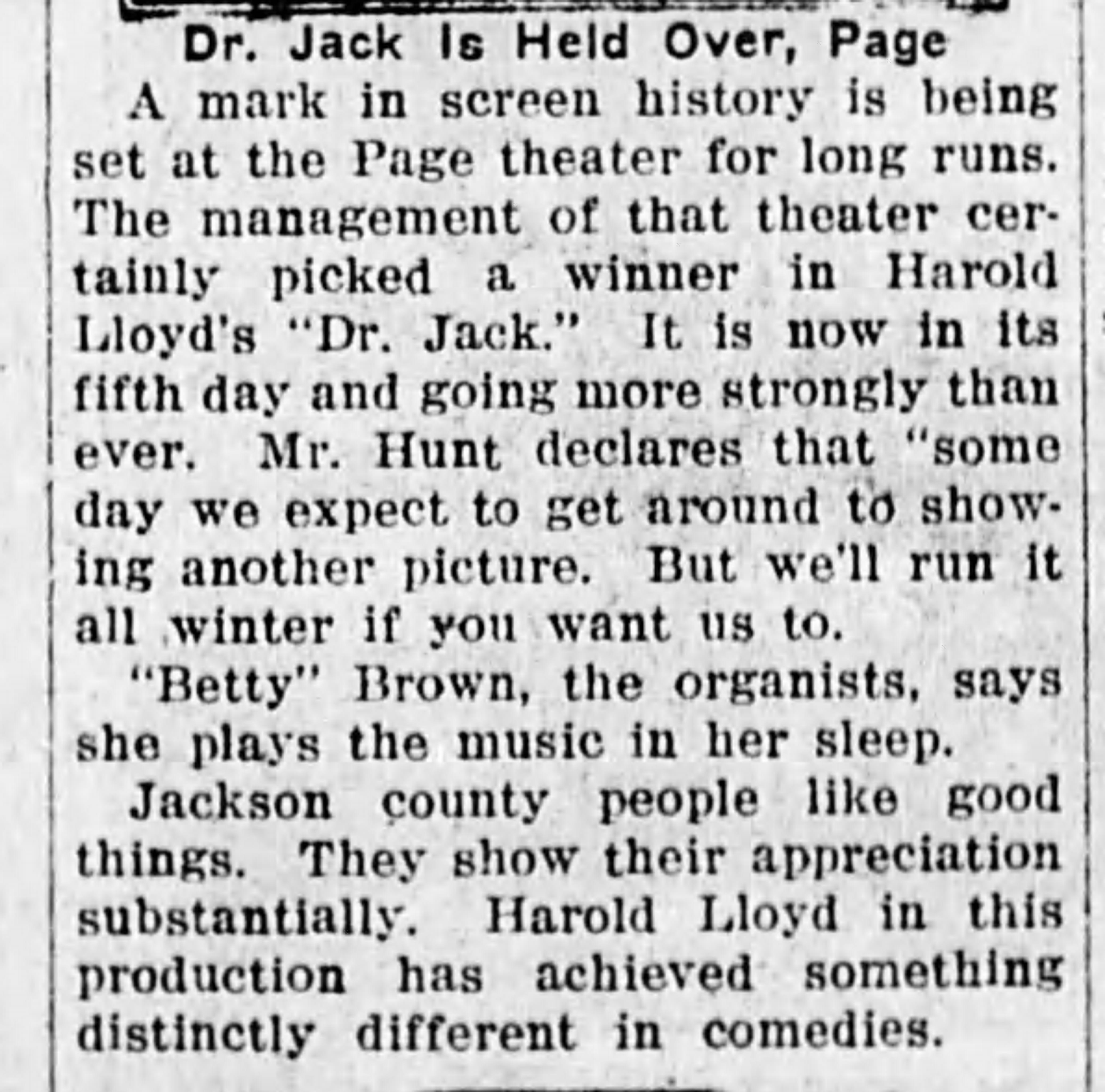 Dr. Jack stays on at the Page theater, 1923