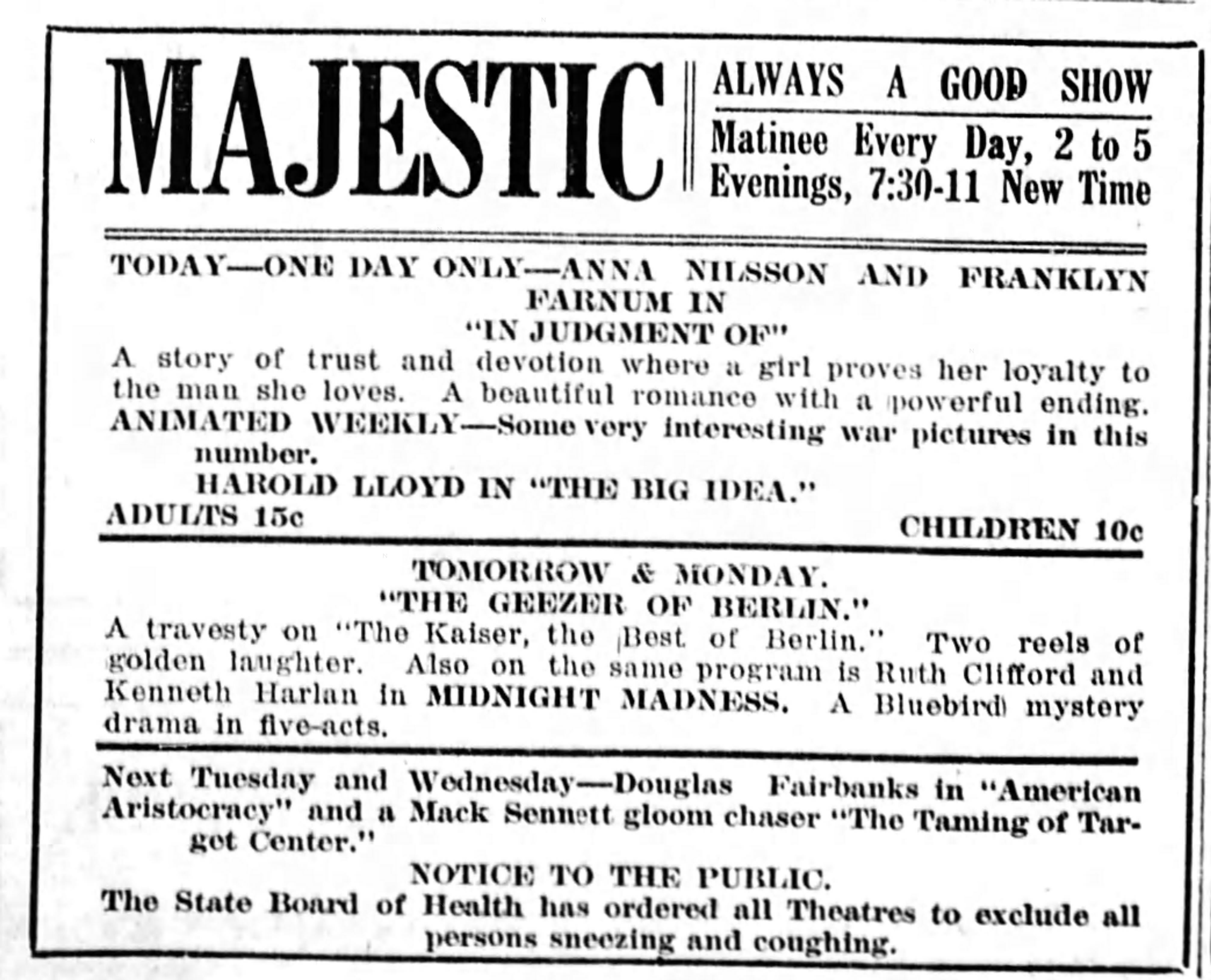 Flu precautions at the Majestic, 1918