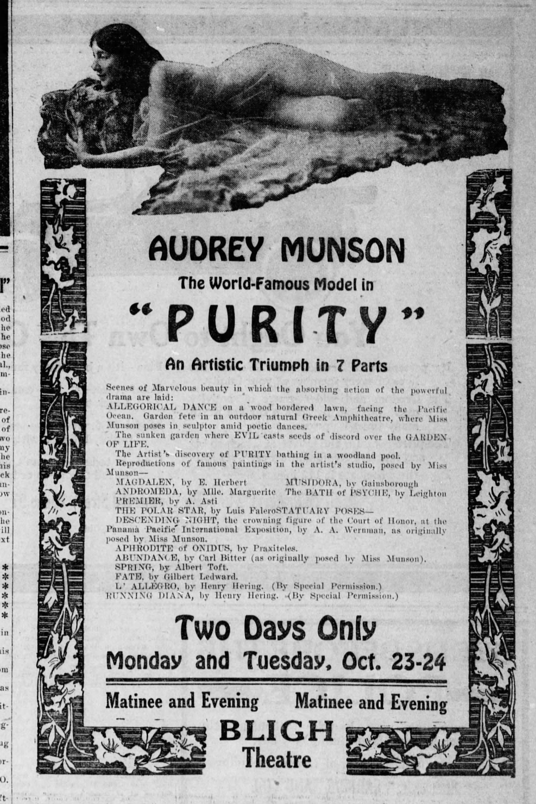 Audrey Munson movie at the Bligh, 1916