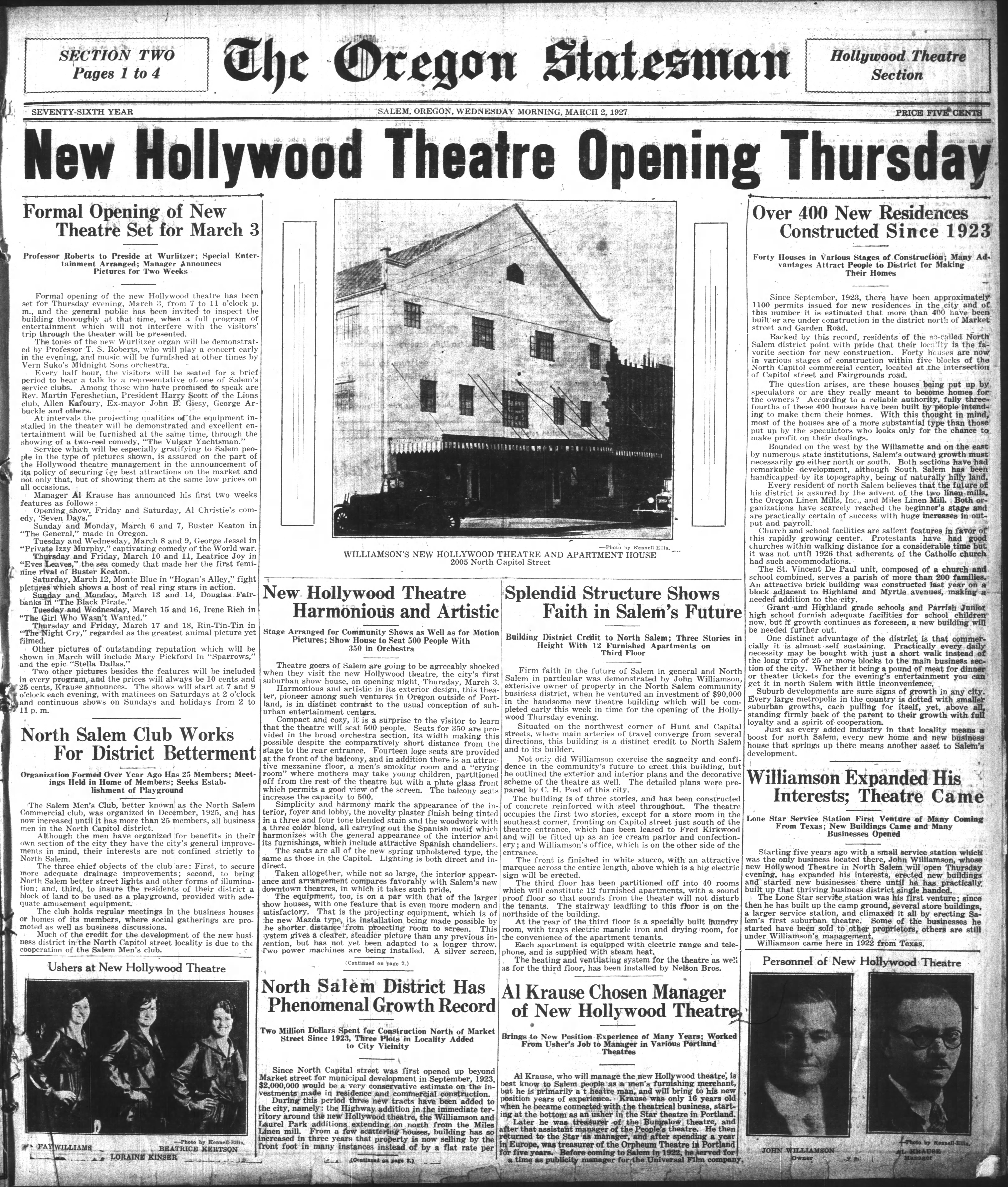 Hollywood theater opens, 1927