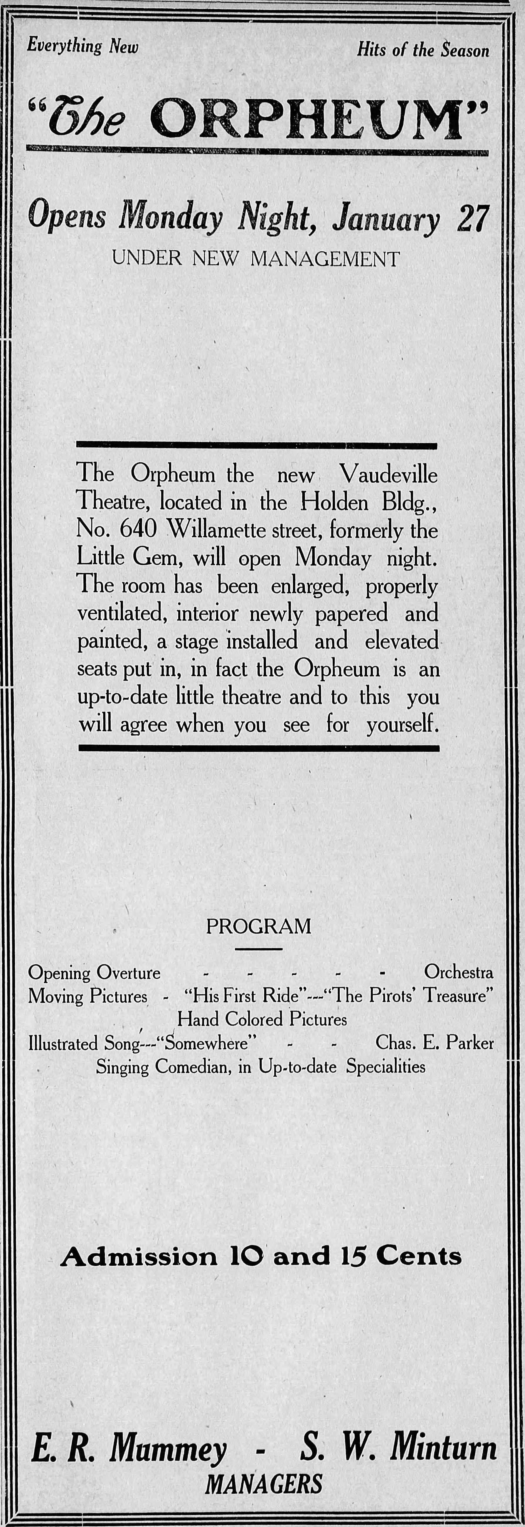 Orpheum opens, 1908