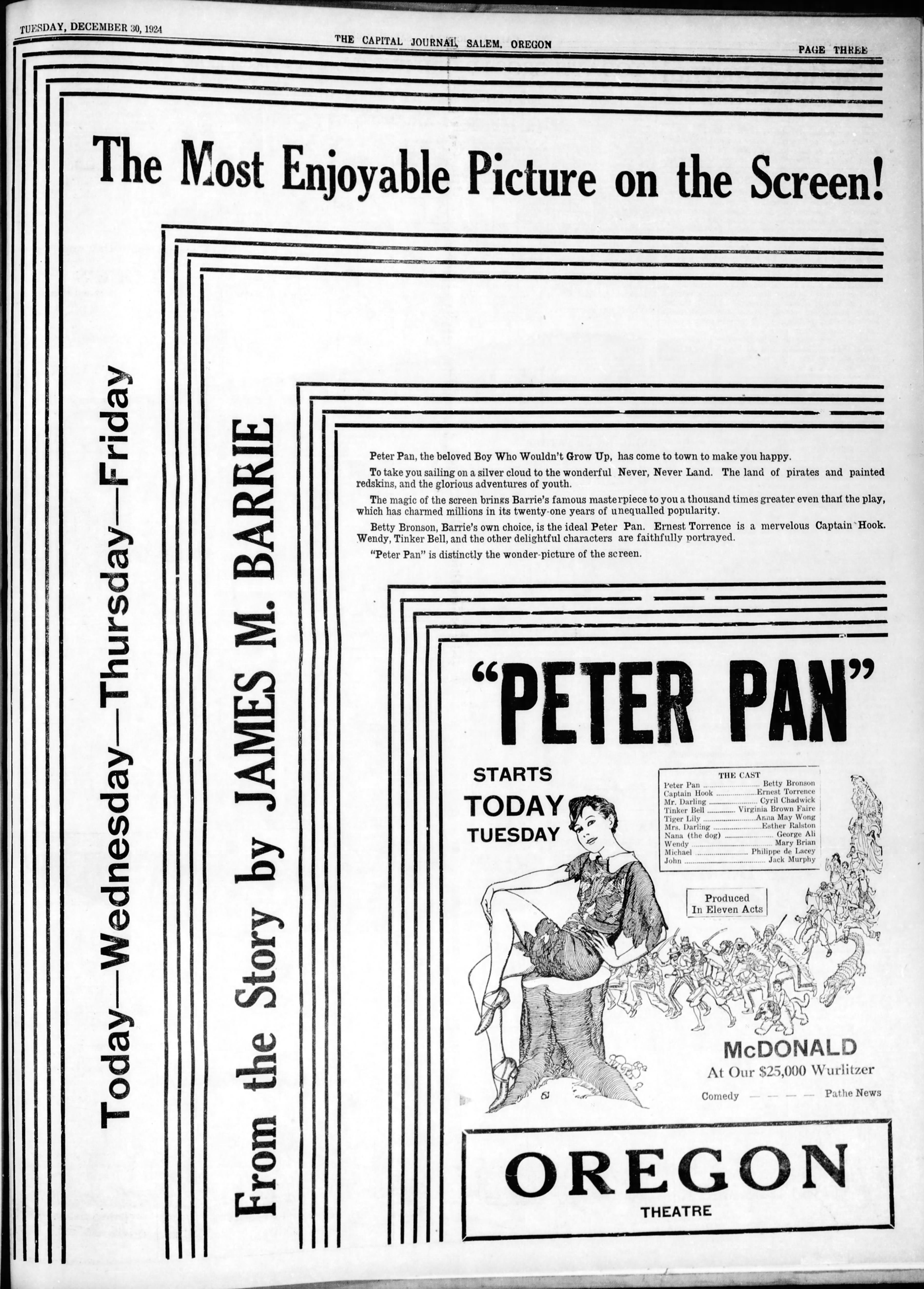 Peter Pan at the Oregon theater, 1924