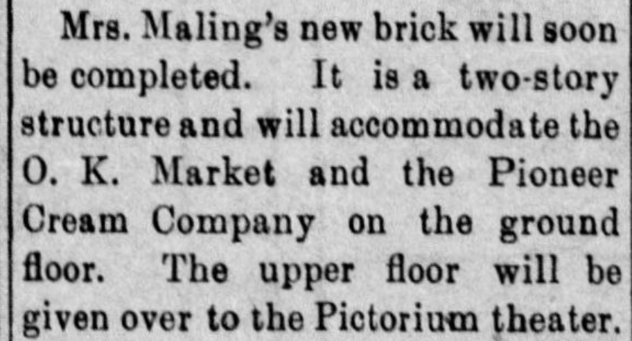 Announcement saying the Pictorium will move into Mrs. Maling's building.