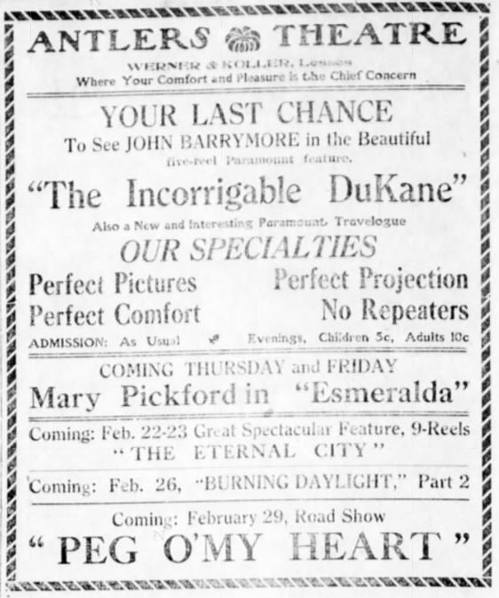 Antlers theater ad, 1916