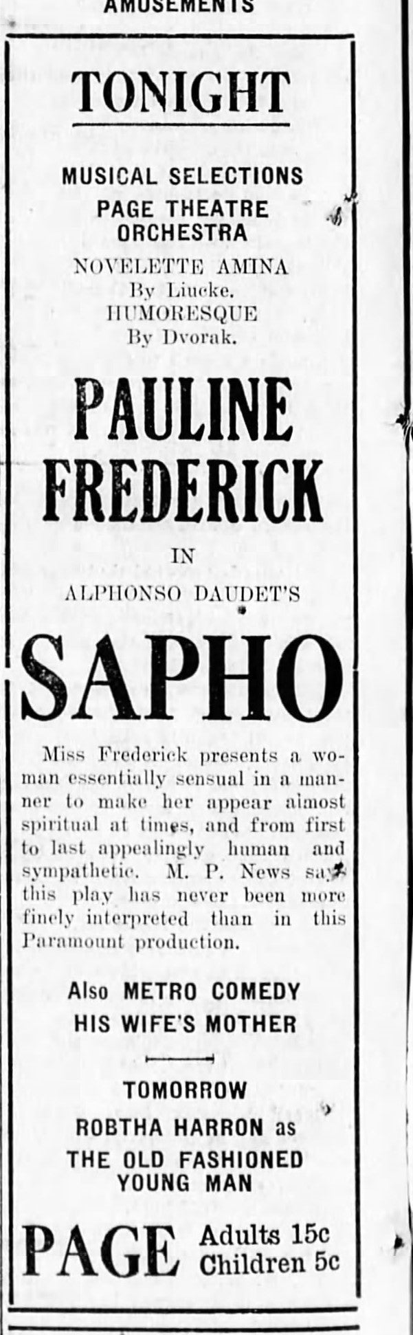 Sapho at the Page, 1917