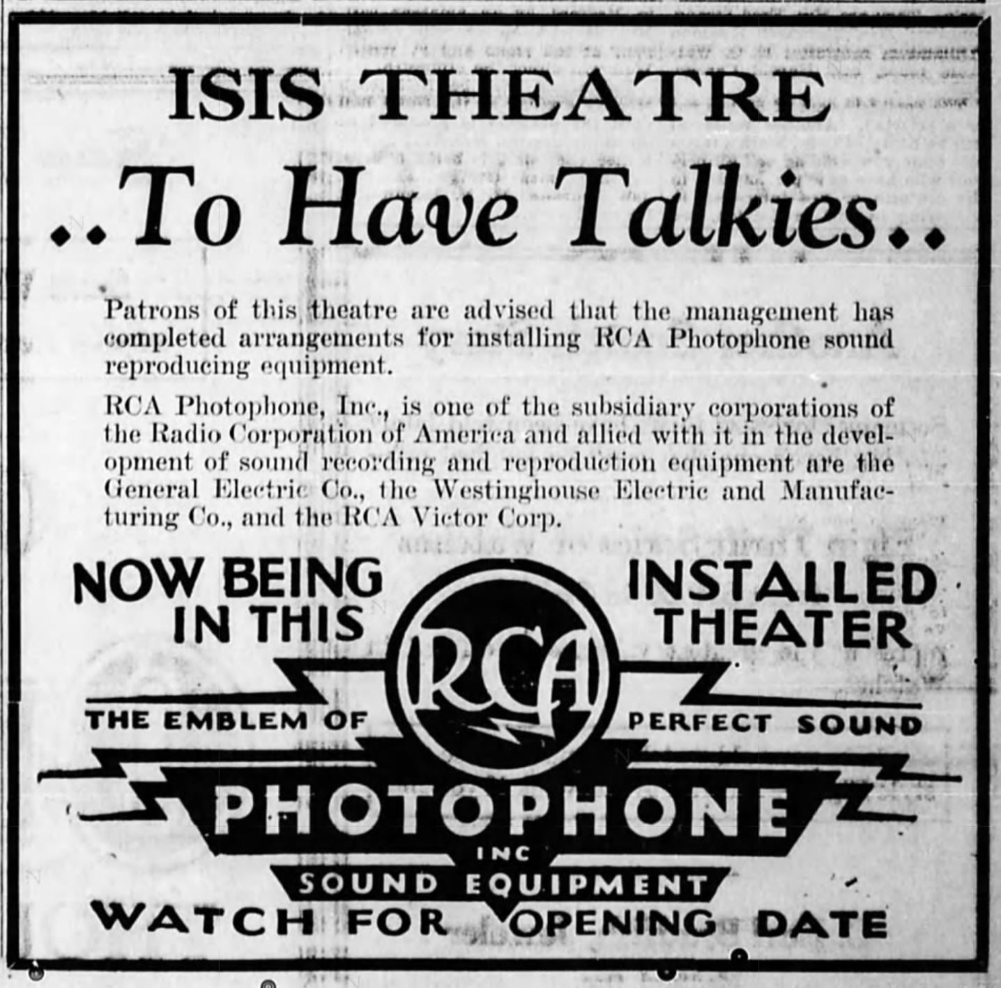 Sound at the Isis theater, 1930