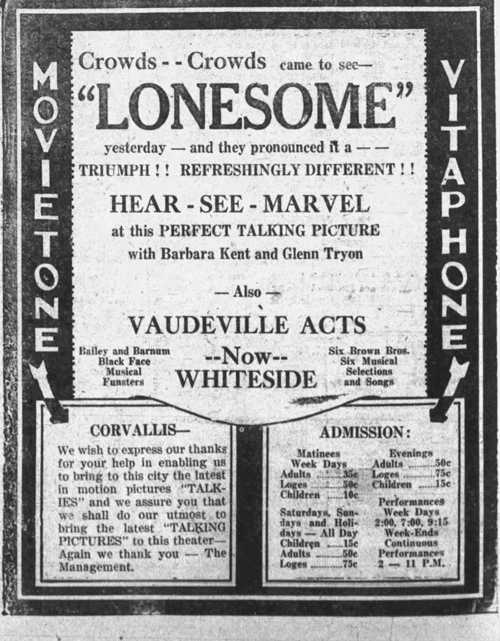 Sound picture at the Whiteside Theatre, 1928