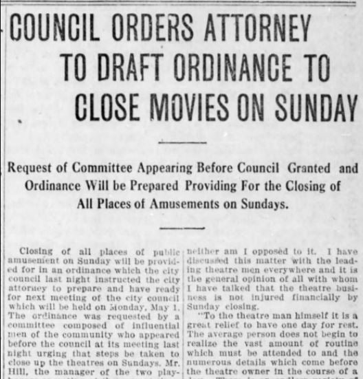 Roseburg theaters to be closed on Sundays, 1921
