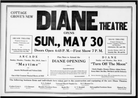Newspaper advertisement for the Diane Theatre in Cottage Grove, Oregon, 1937