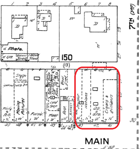 A Sanborn map image of the Woodward block at 7th and Main Street in Cottage Grove, Oregon, c1912.