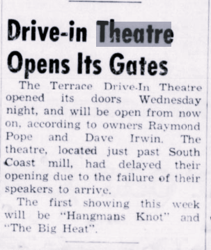 "Drive-in Theatre Opens Its Gates", The Brookings-Harbor Pilot, September 27, 1956: 1. Historic Oregon Newspapers