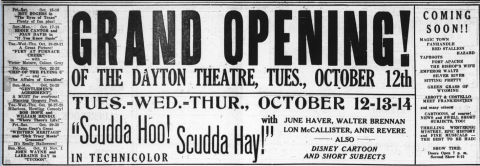 Advertisement about the opening of the Dayton Theatre, Oct. 1948