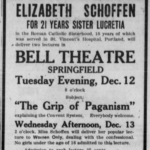 The Grip of Paganism speech at the Bell Theatre ad, Dec. 7, 1916
